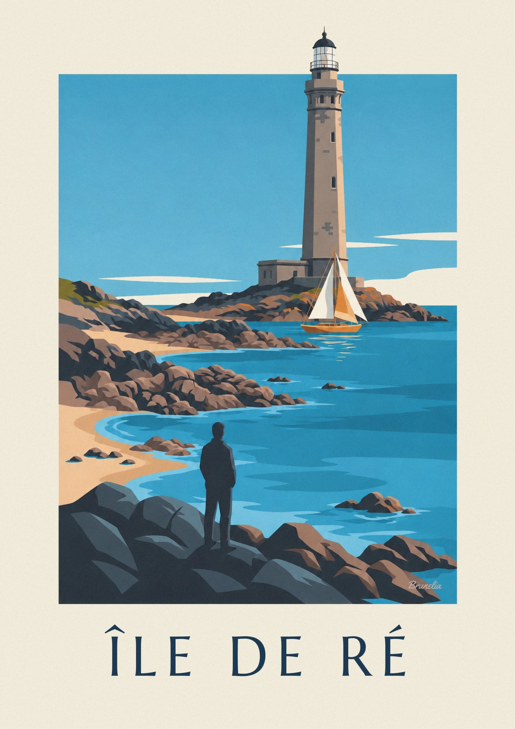 The grey granite lighthouse towering over its rock, and the sailing boat with white and orange sails