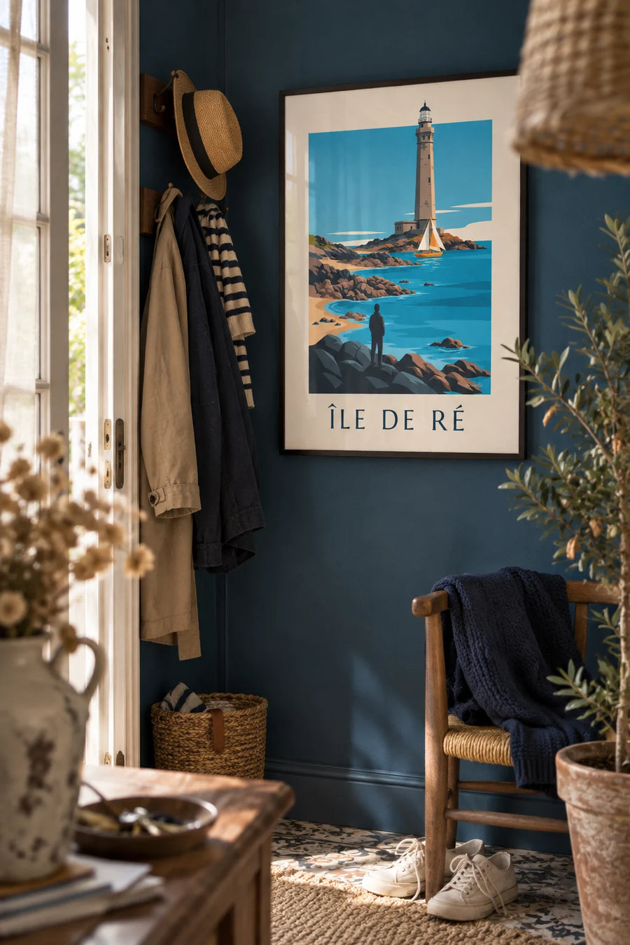 Poster of a sailboat in front of the Baleines lighthouse on Île de Ré: framed on the wall