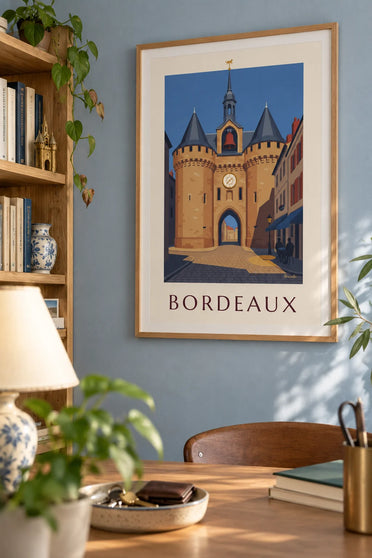 Affiche Grosse Cloche de Bordeaux et terrasse de café : encadrée au mur