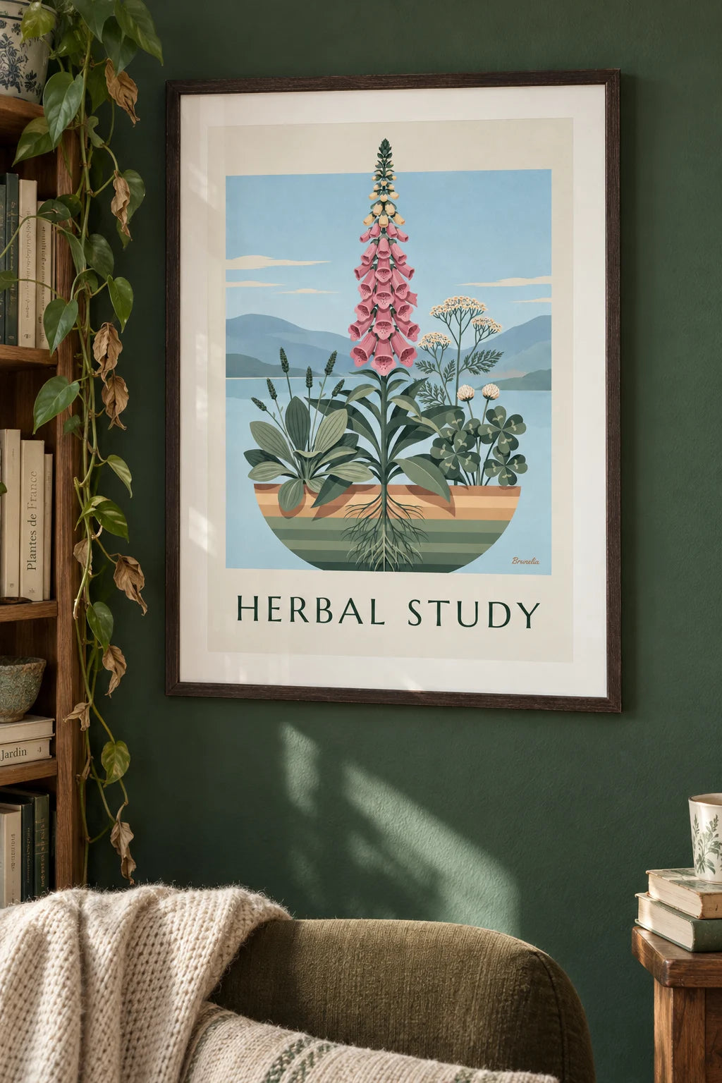 Scientific plate of herbaceous plants and foxglove poster on the wall