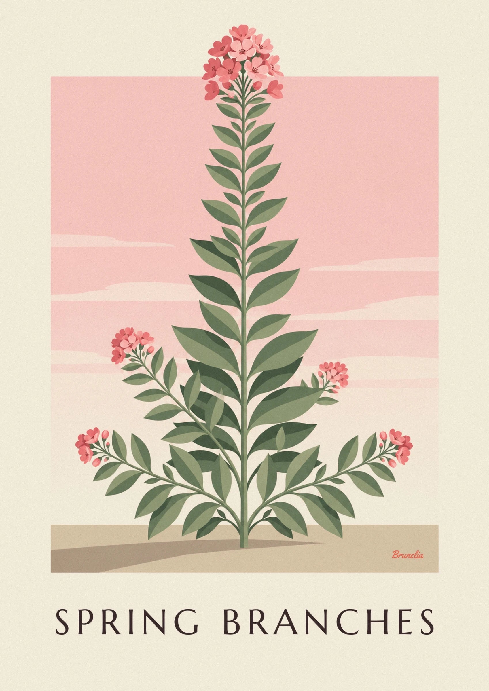 Une grappe de fleurs roses au sommet d’une tige aux feuilles vertes, sur fond bicolore