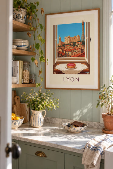 Affiche tarte aux pralines roses à la fenêtre d'un salon lyonnais : encadrée au mur