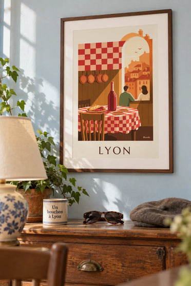Poster of a Lyon bouchon, checkered tablecloth and wine pitcher: framed on the wall