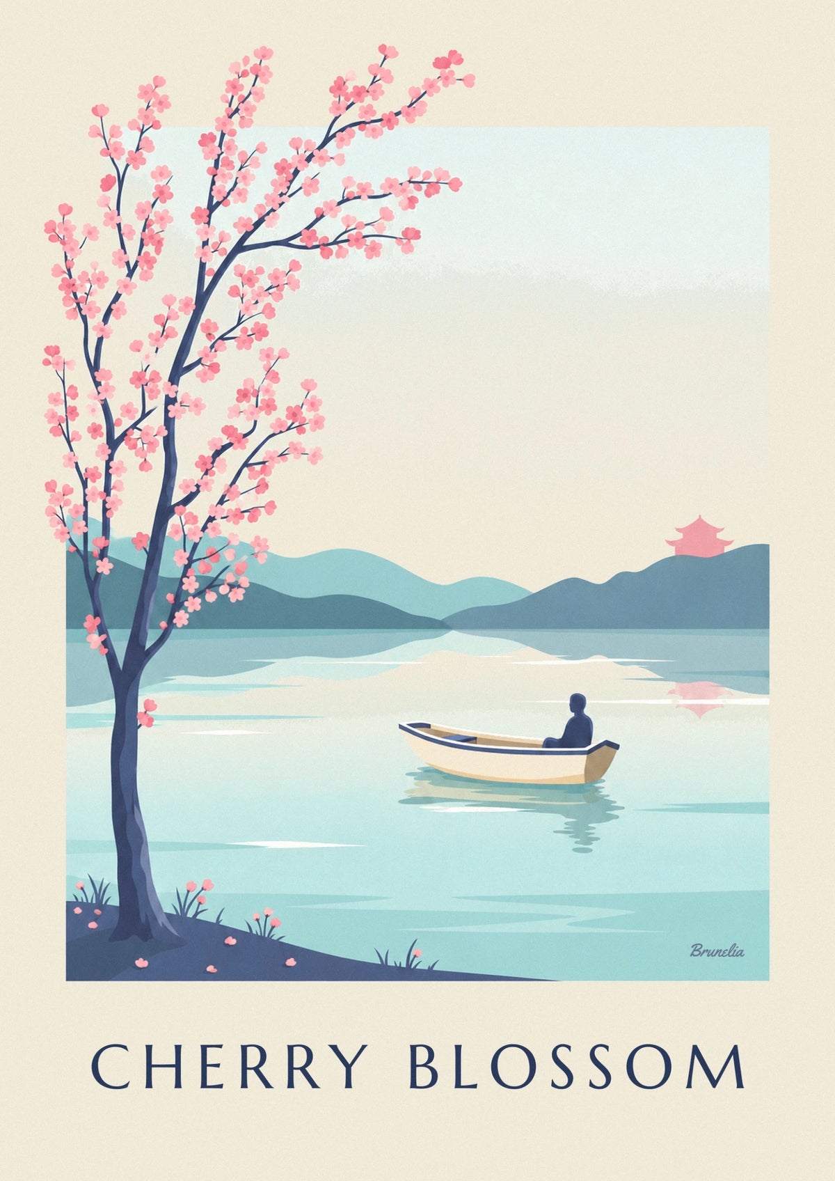 Cherry blossom branch over a Japanese lake poster