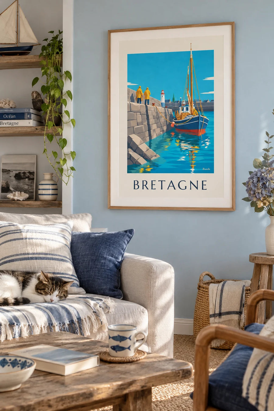 Affiche bateau de pêche breton rentrant au port de granit : encadrée au mur