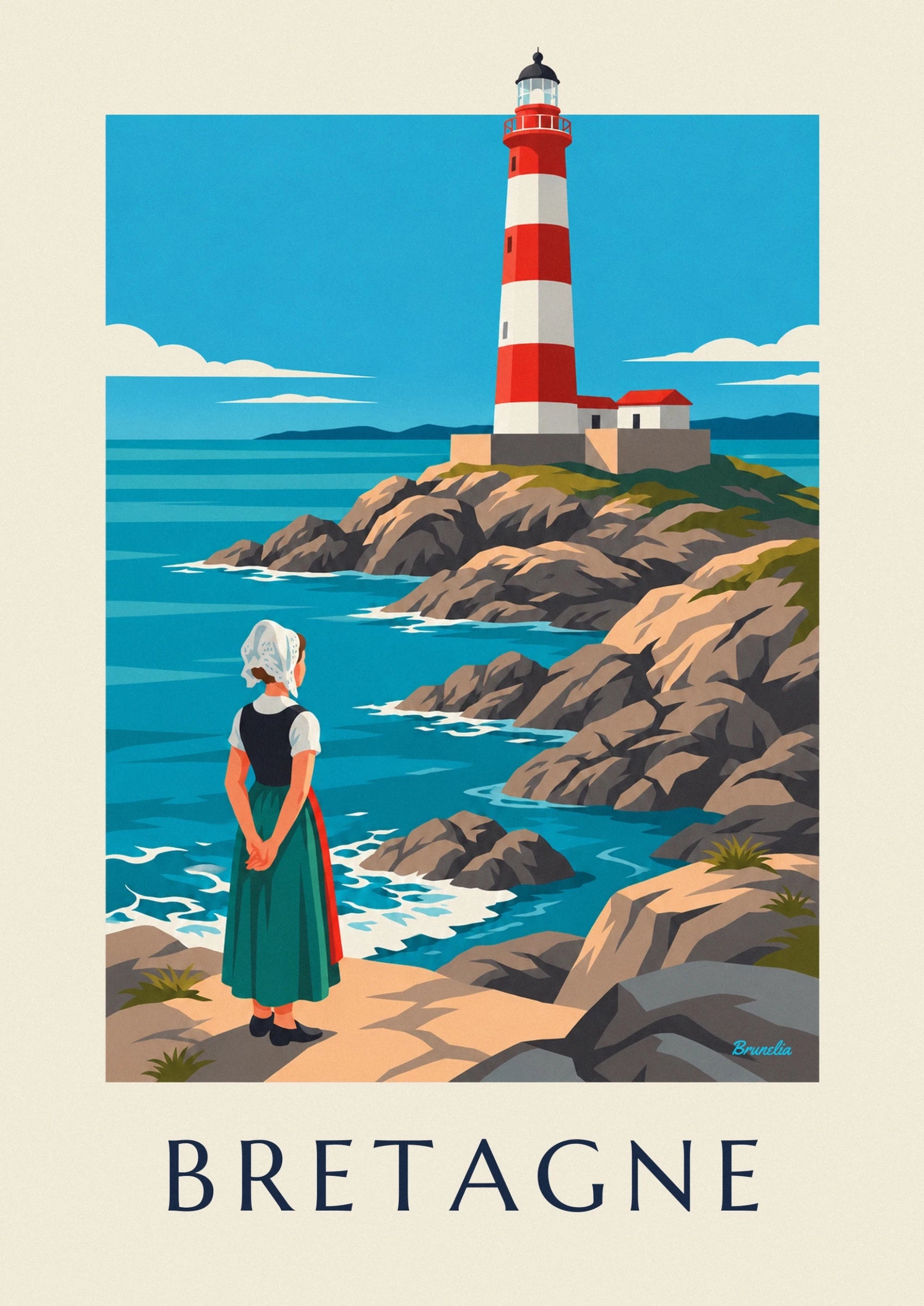 The Breton woman seen from behind in a white headdress and green skirt, facing the turquoise sea