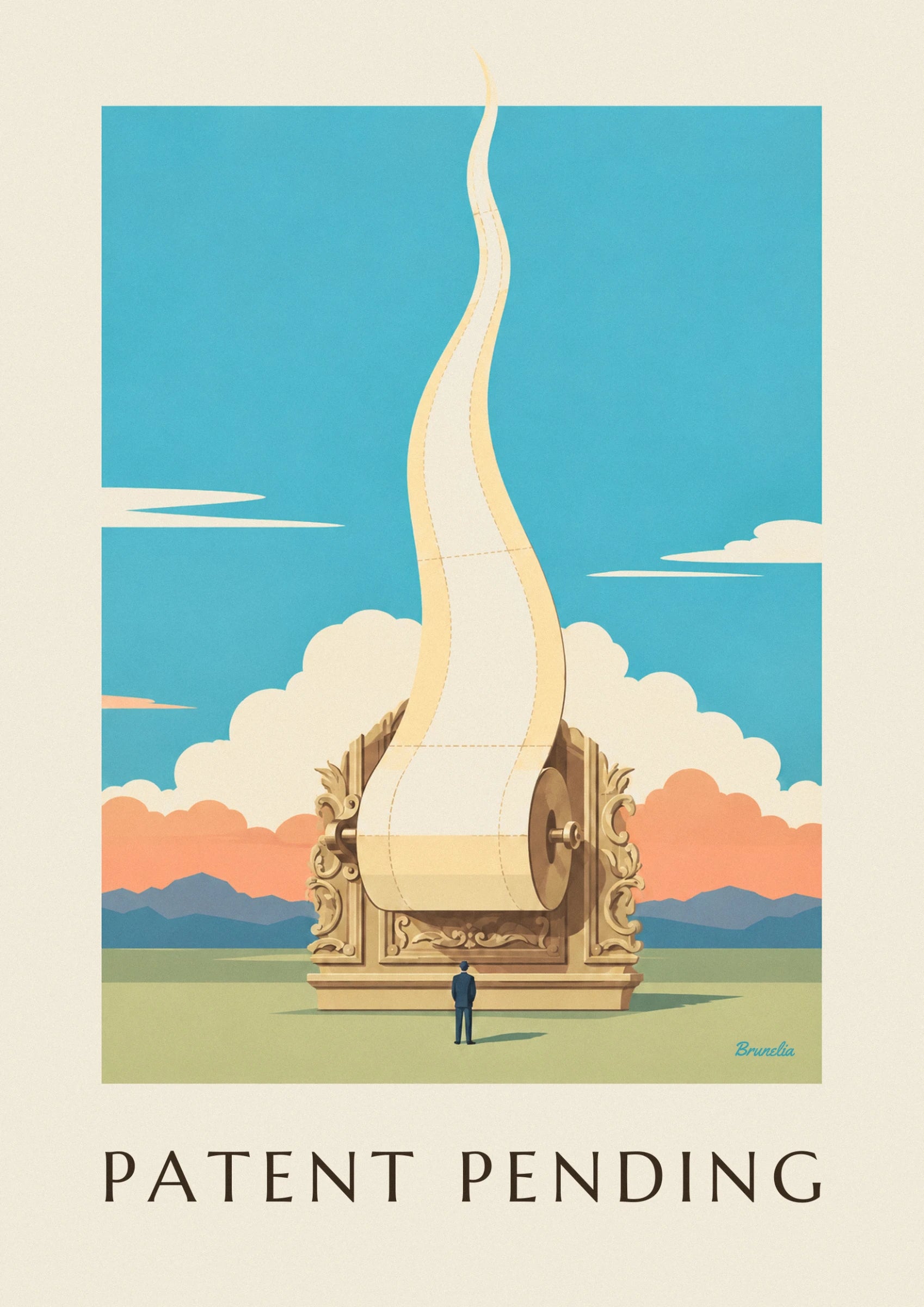 Giant toilet paper roll floating into the sky poster: close-up detail