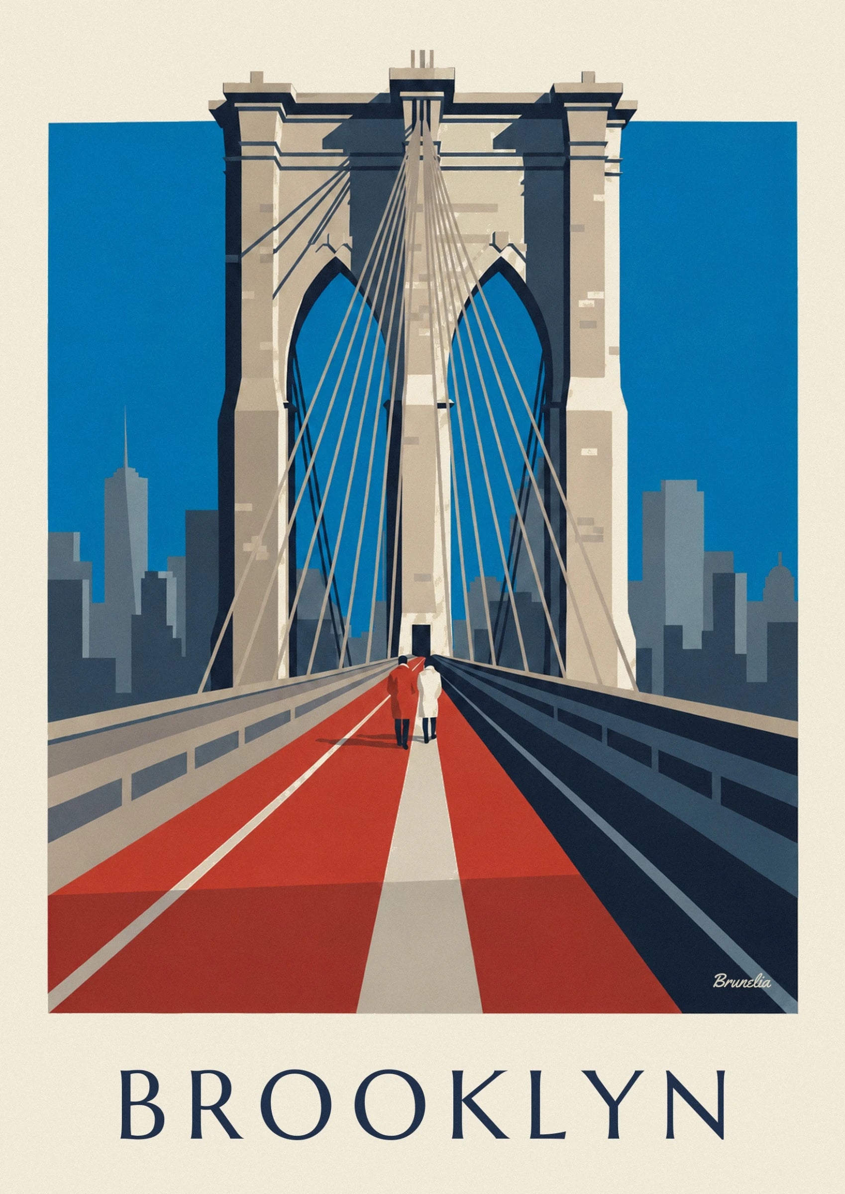 Les arches en pierre du pont de Brooklyn et leurs câbles sur fond de ciel bleu