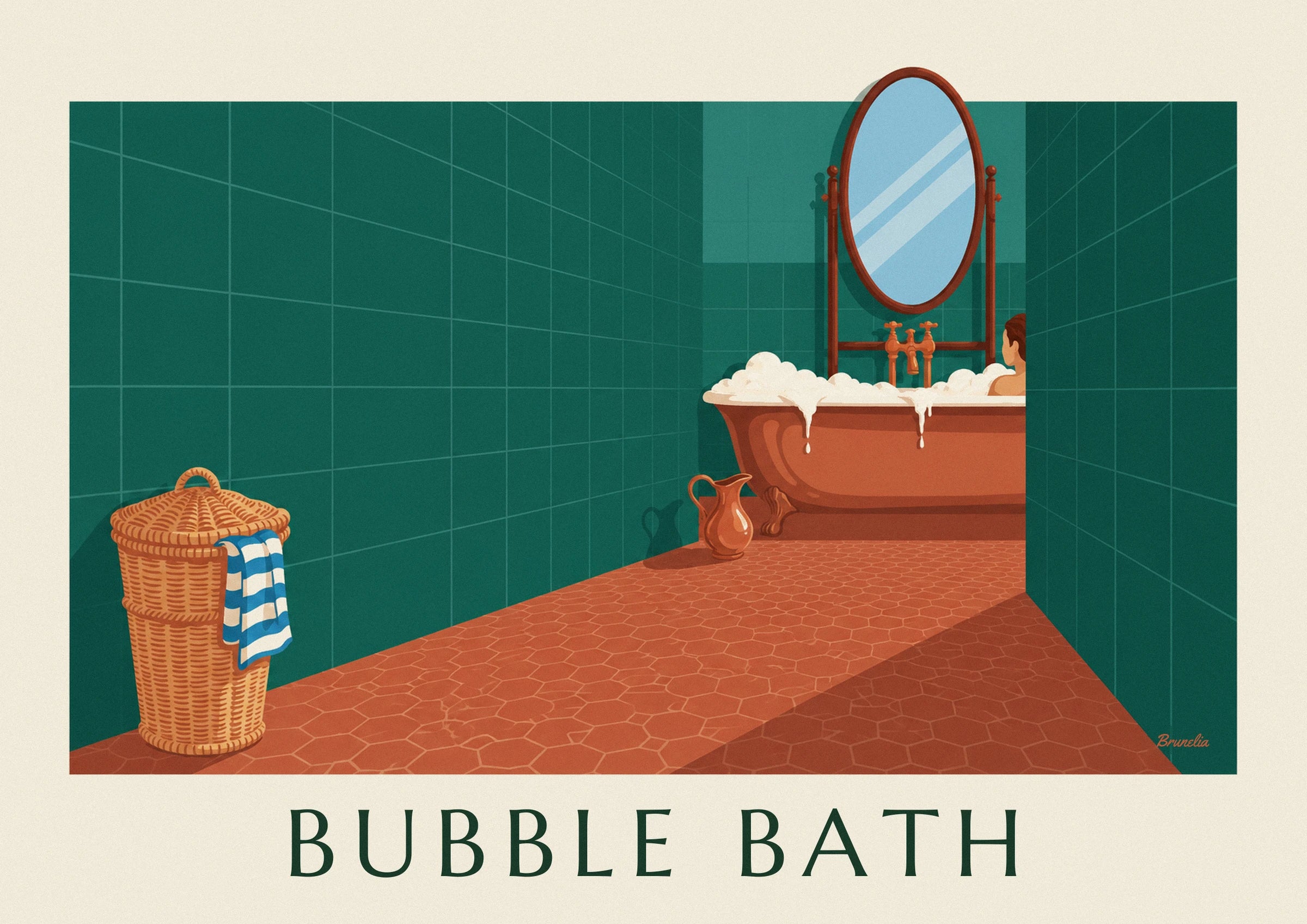 La baignoire en cuivre débordante de mousse, sous le grand miroir ovale