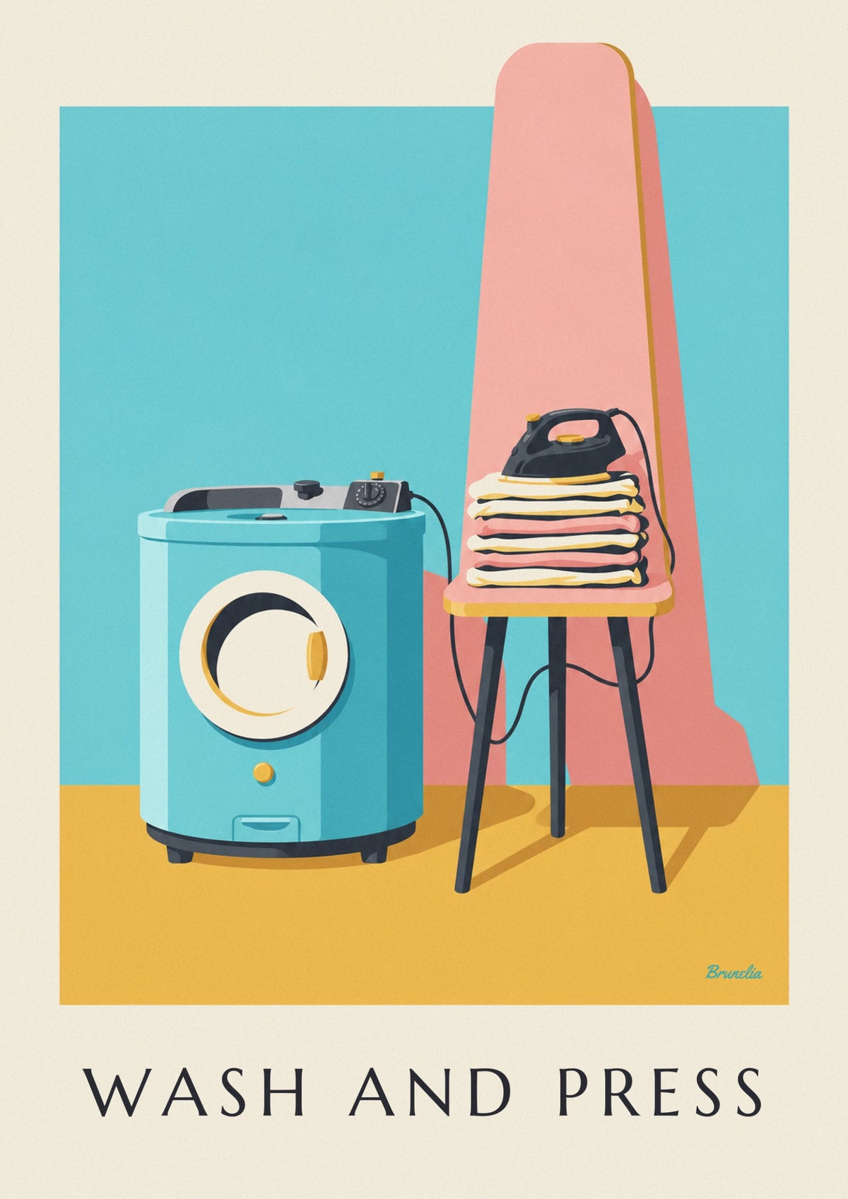 Laundry and ironing with front-loading washing machine poster