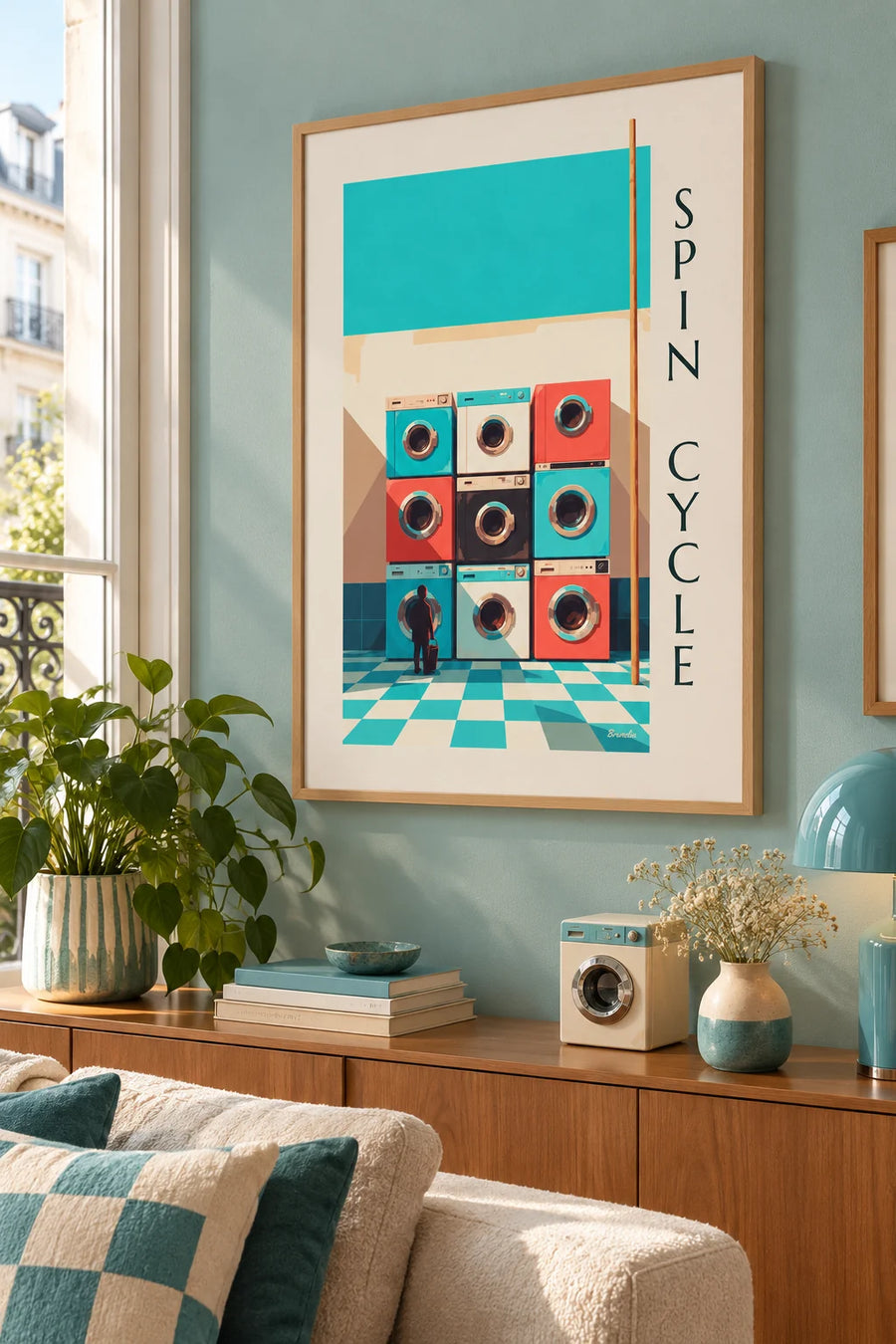 Póster con cuadrícula de 9 lavadoras de colores : enmarcado en la pared