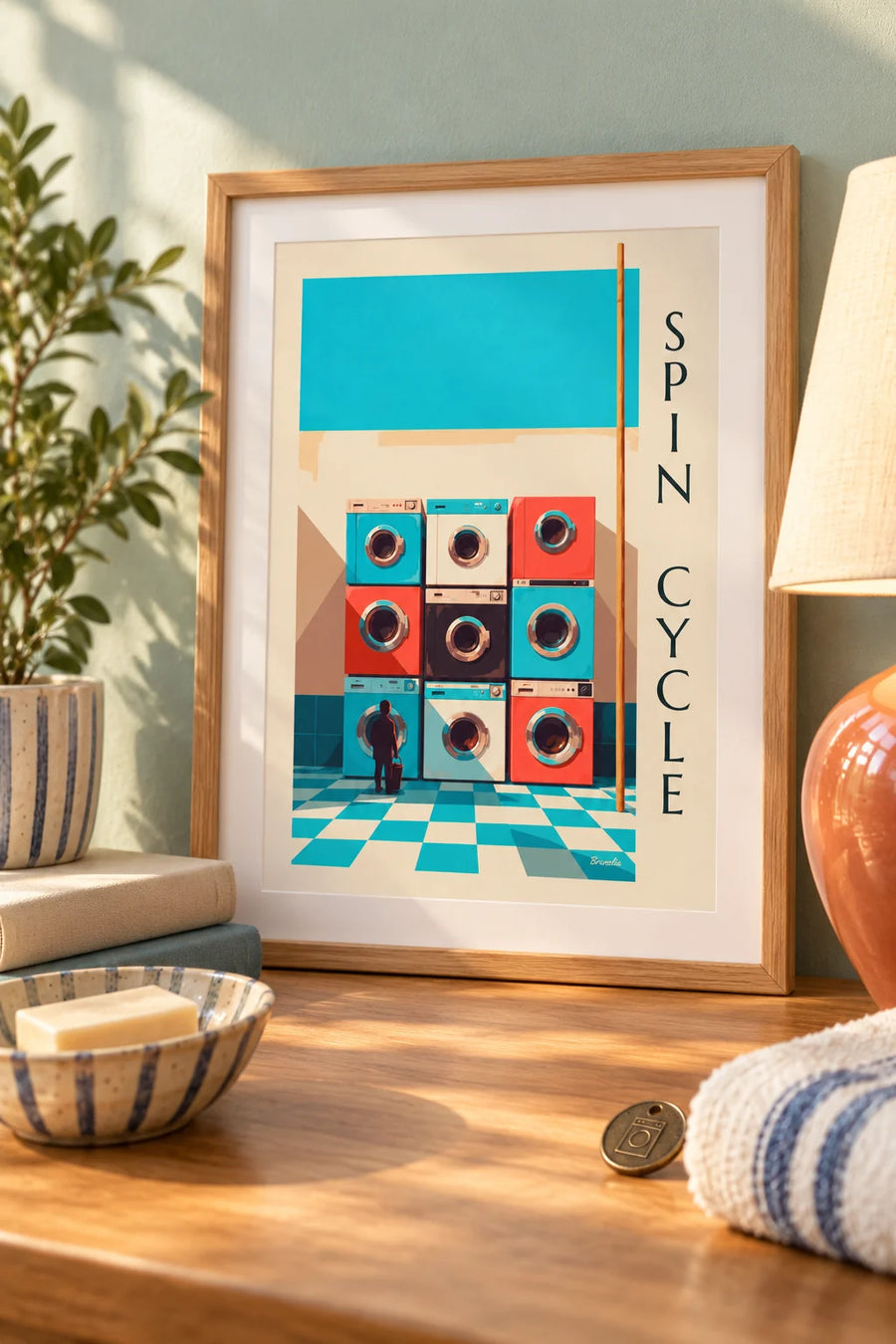 Póster con cuadrícula de 9 lavadoras de colores : formato pequeño A4 enmarcado