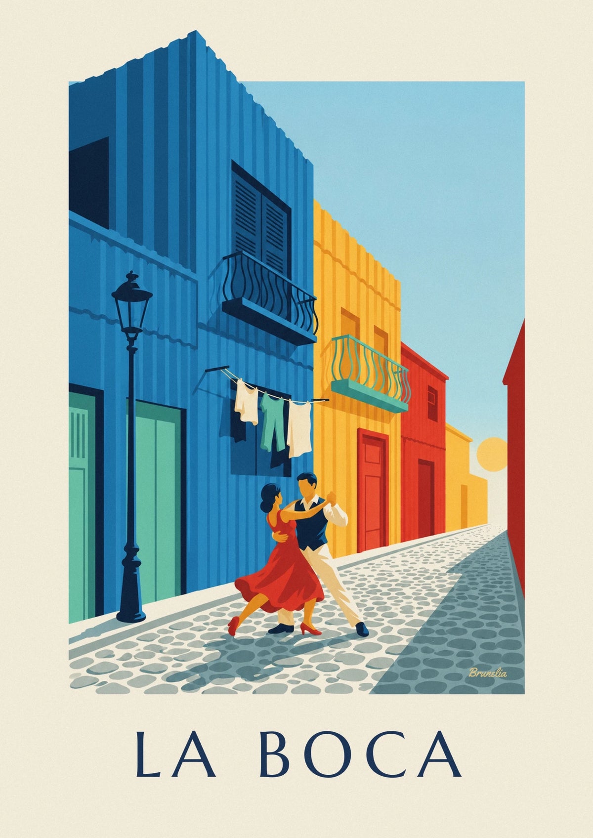 Tango couple in front of La Boca’s colorful houses poster