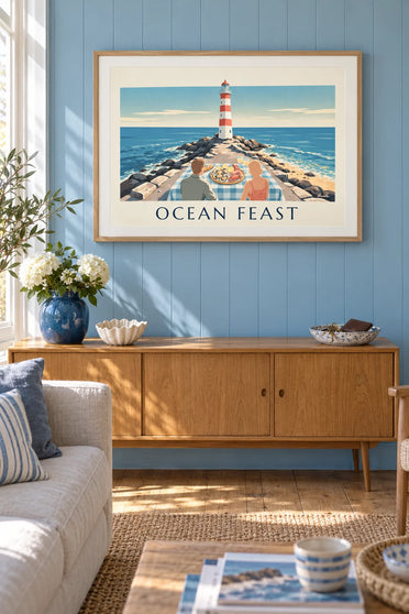Affiche plateau de fruits de mer au pied d'un phare : encadrée au mur