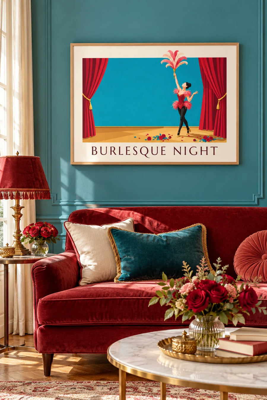 Póster de bailarina de cabaret burlesque con corsé y plumas: enmarcado en la pared