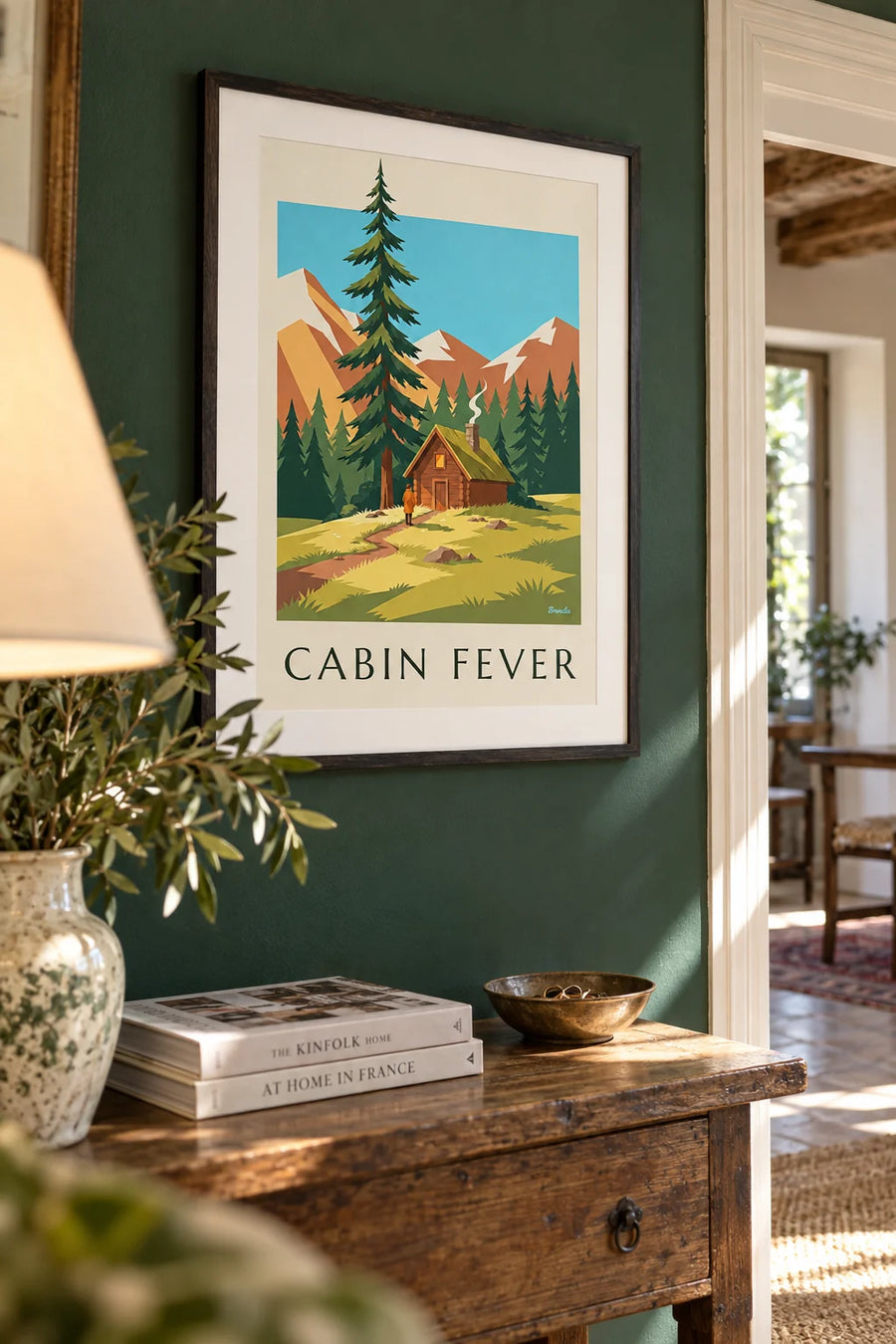Poster of a wooden cabin in a mountain pine forest: framed on the wall