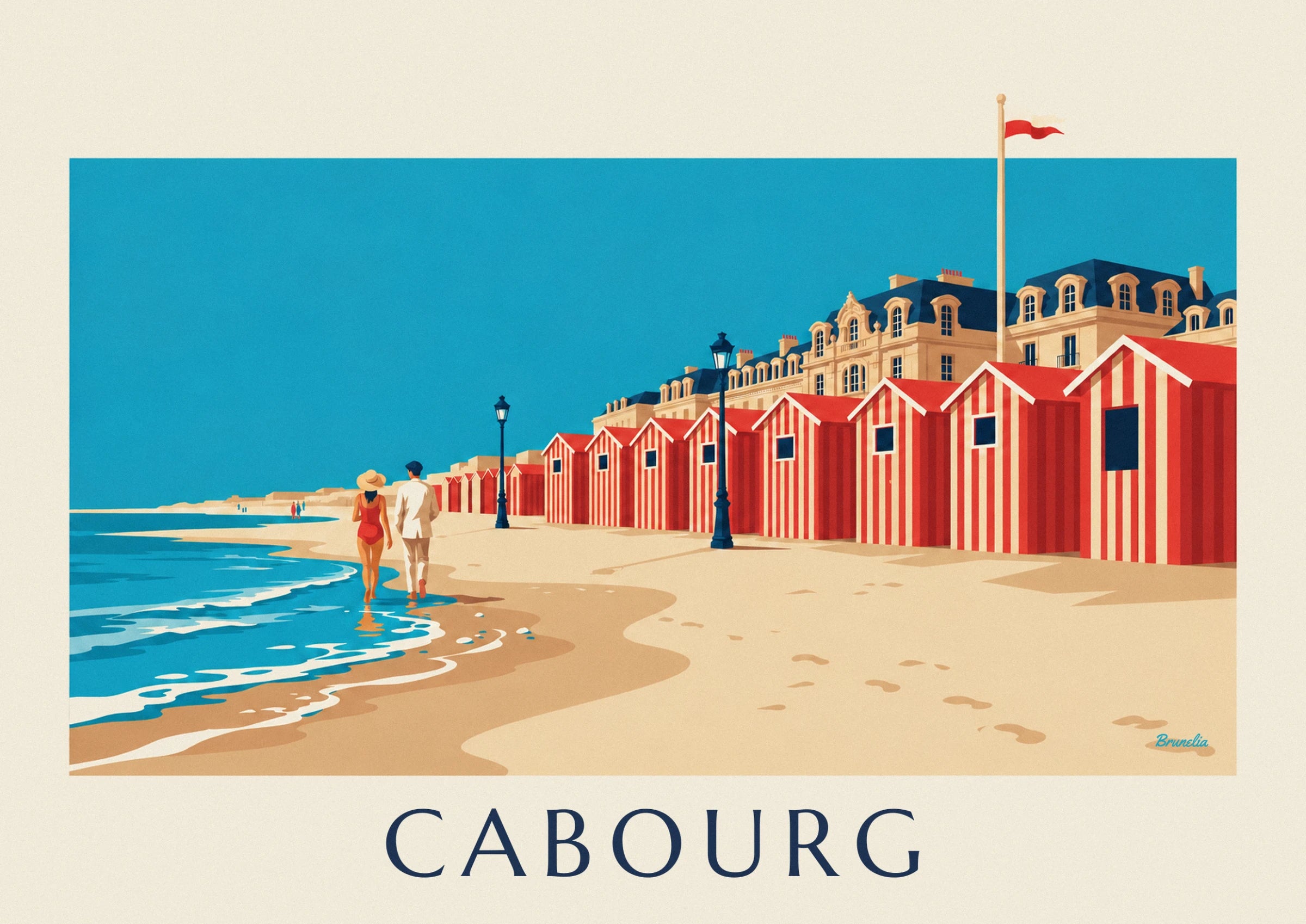 The couple walking barefoot at the water's edge, her in a red swimsuit and straw hat