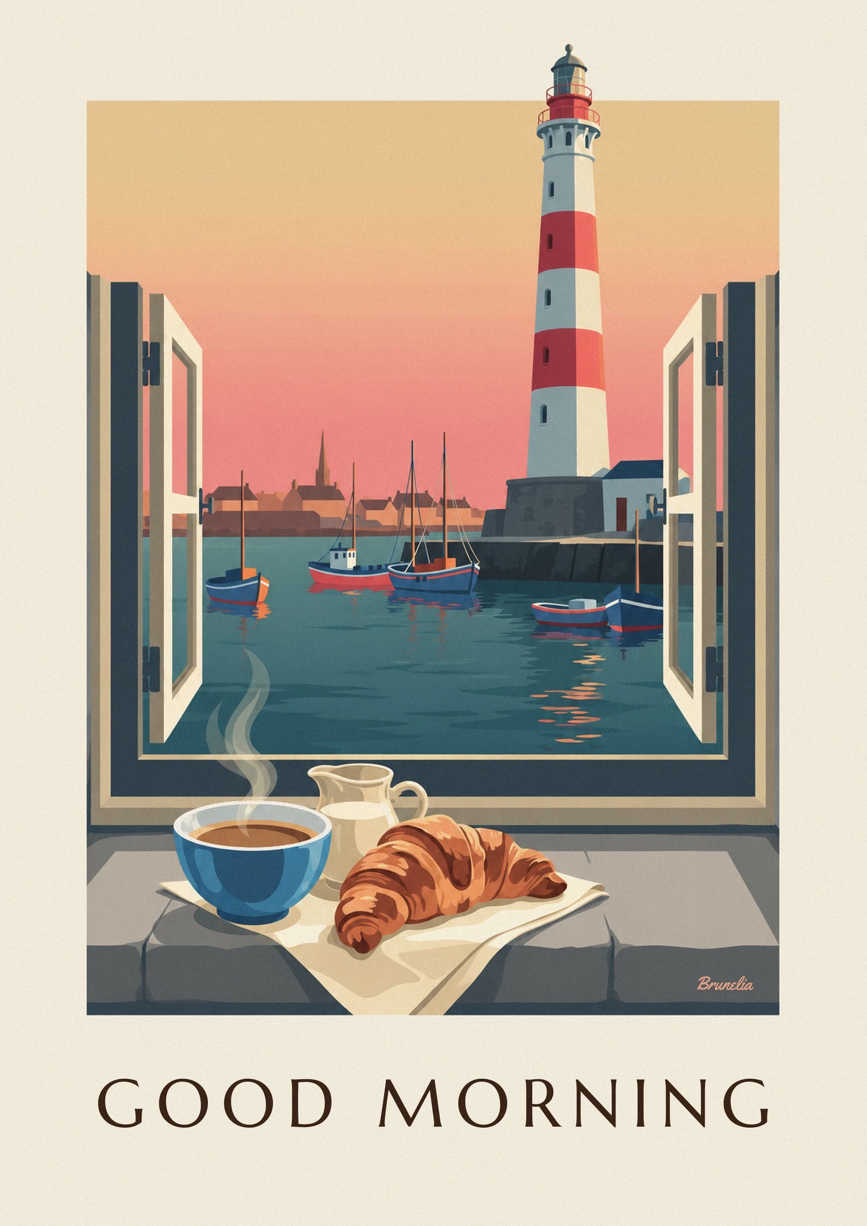 The blue bowl of steaming coffee, milk jug and golden croissant on the window ledge overlooking the harbour