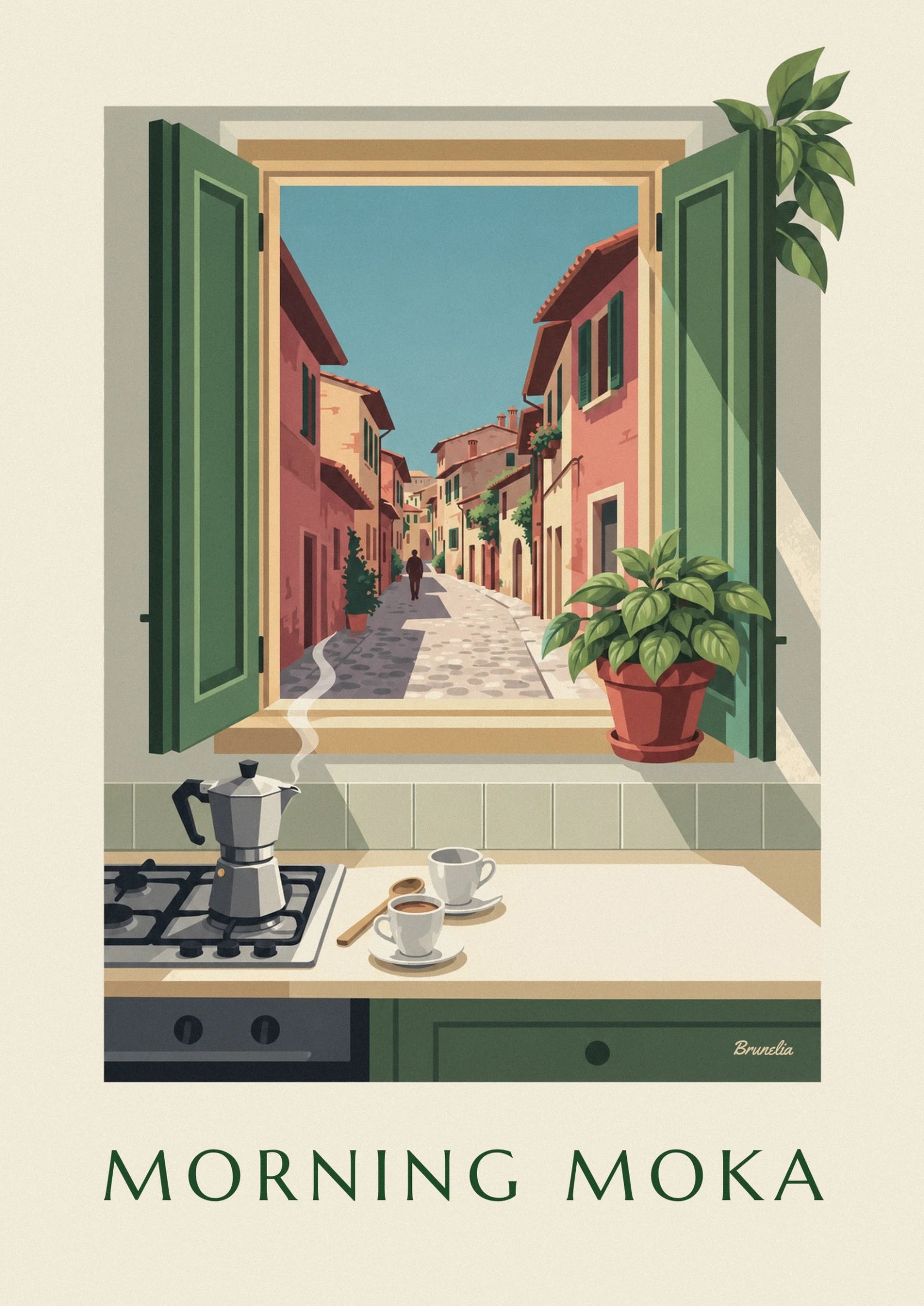 The aluminium moka pot on the gas hob, a wisp of steam and the window with green shutters