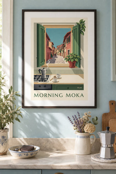 Affiche cafetière moka italienne dans une cuisine au matin : encadrée au mur