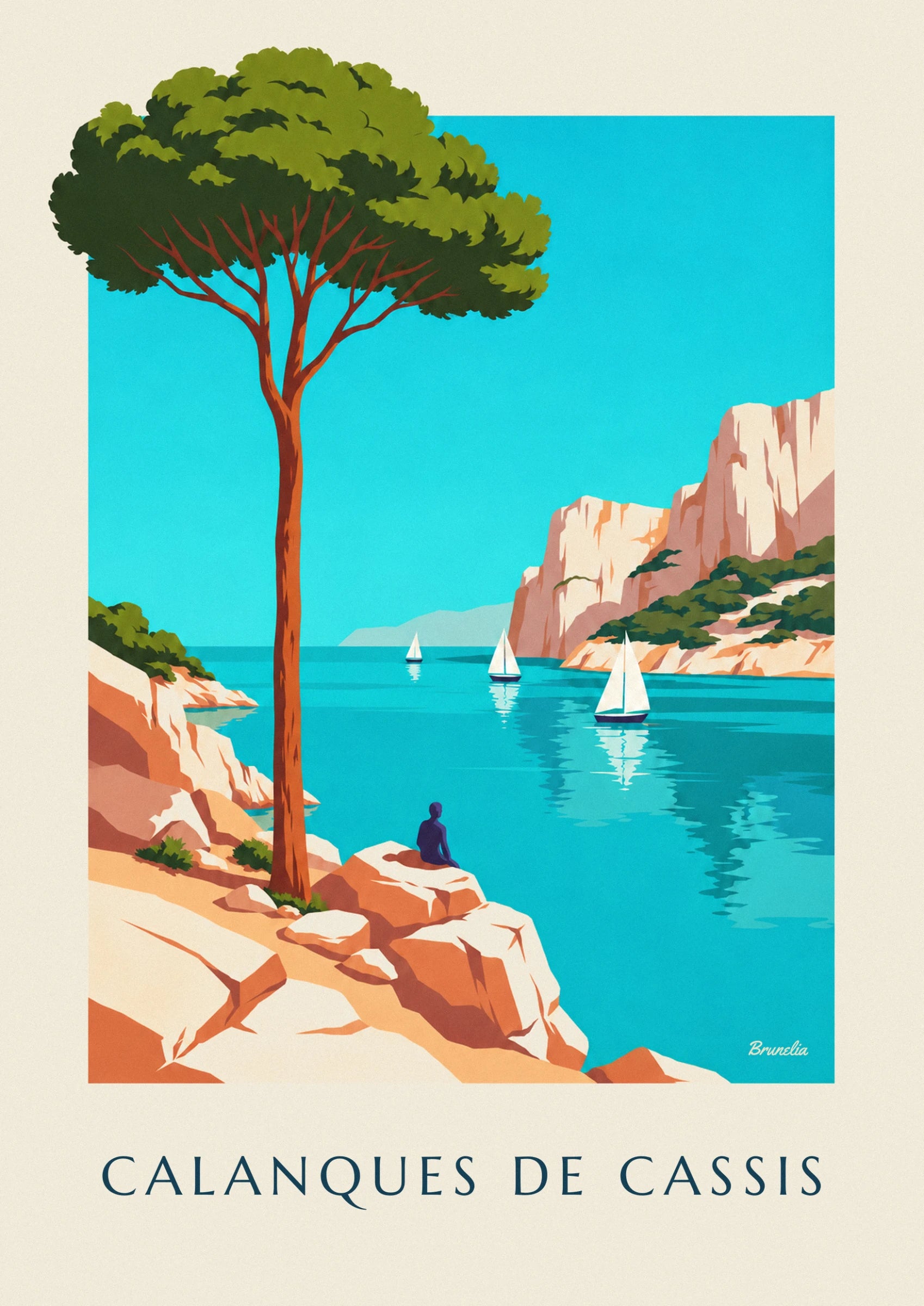 Le pin parasol et son tronc rouille, sur l'eau turquoise de la calanque
