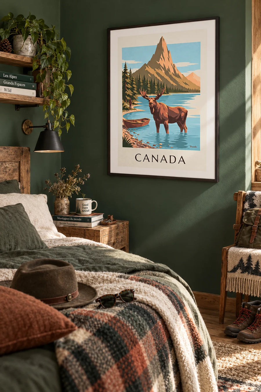 Affiche orignal dans un lac au pied des montagnes du Canada : encadrée au mur