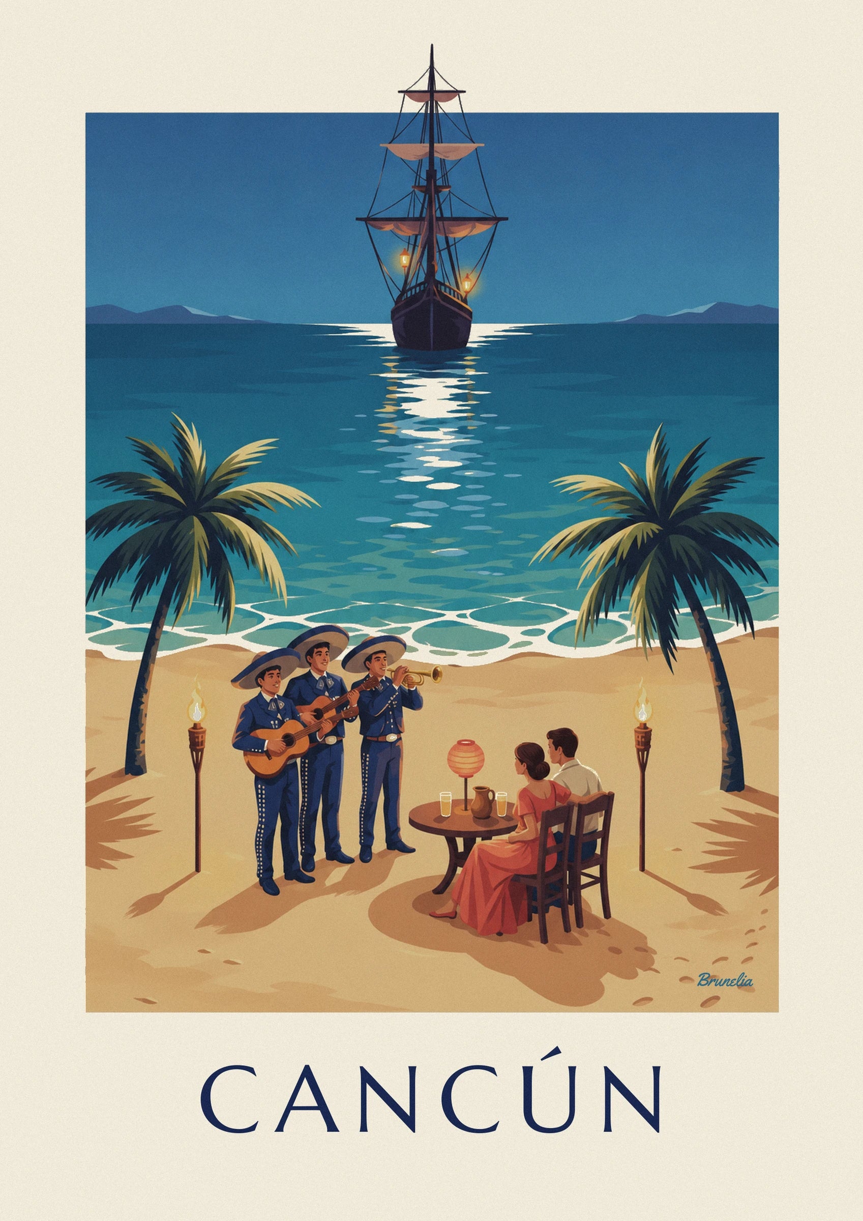 The 3 mariachis in blue suits and sombreros with 2 guitars and a trumpet on the beach