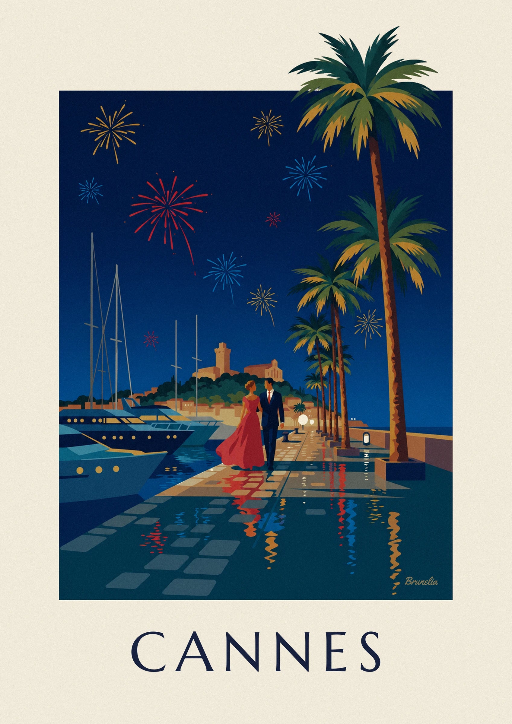 Cannes palm trees couple and fireworks night poster: close-up detail