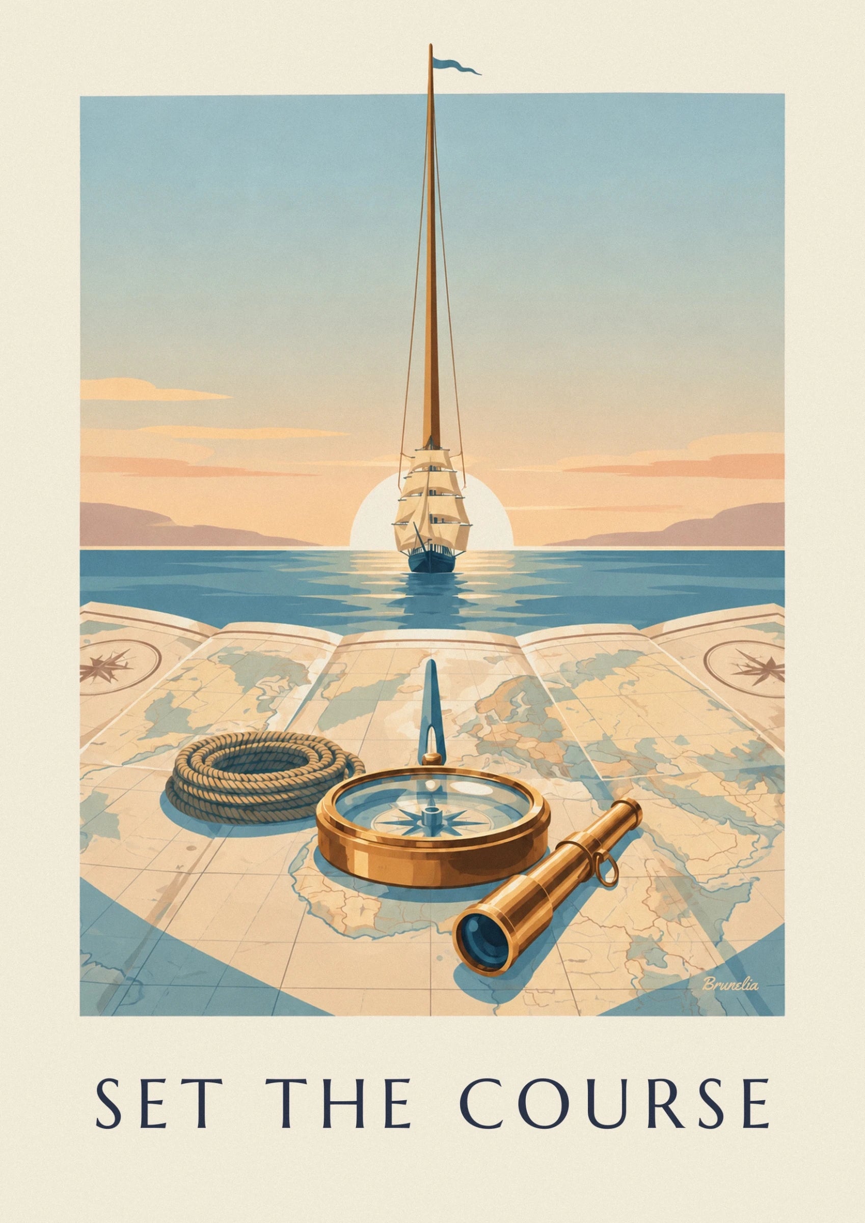 The brass compass on the nautical chart, with its coiled rope and telescope