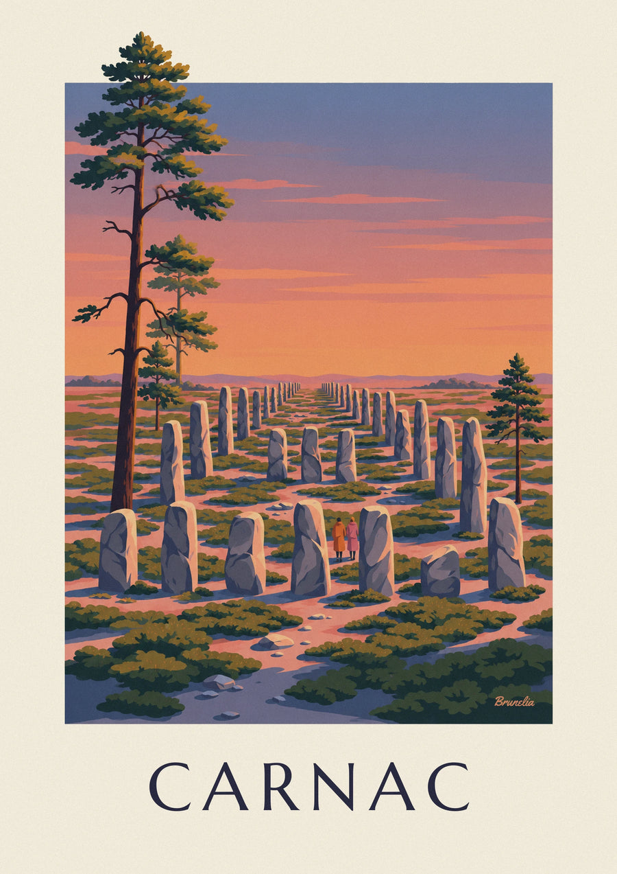 Póster menhires de Carnac al atardecer
