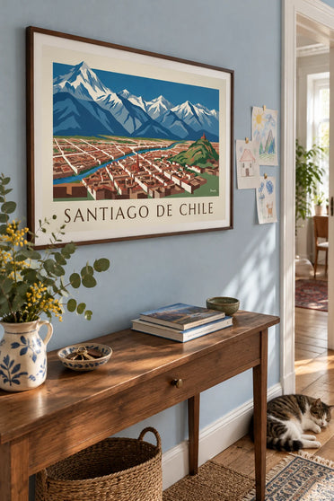 Affiche carte illustrée de Santiago du Chili et des Andes : encadrée au mur