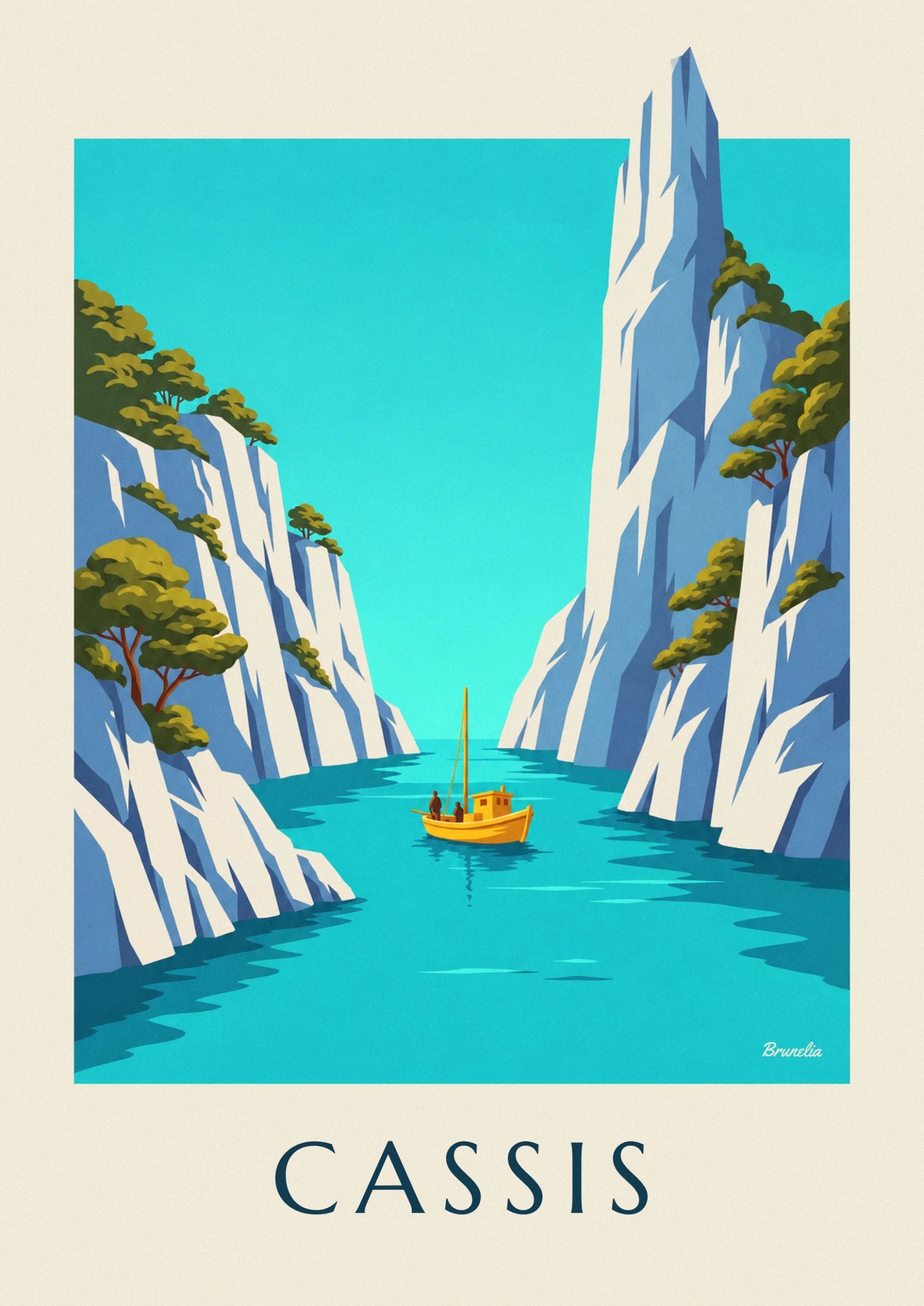 The yellow boat and its 2 figures on the turquoise water of the calanque de Cassis
