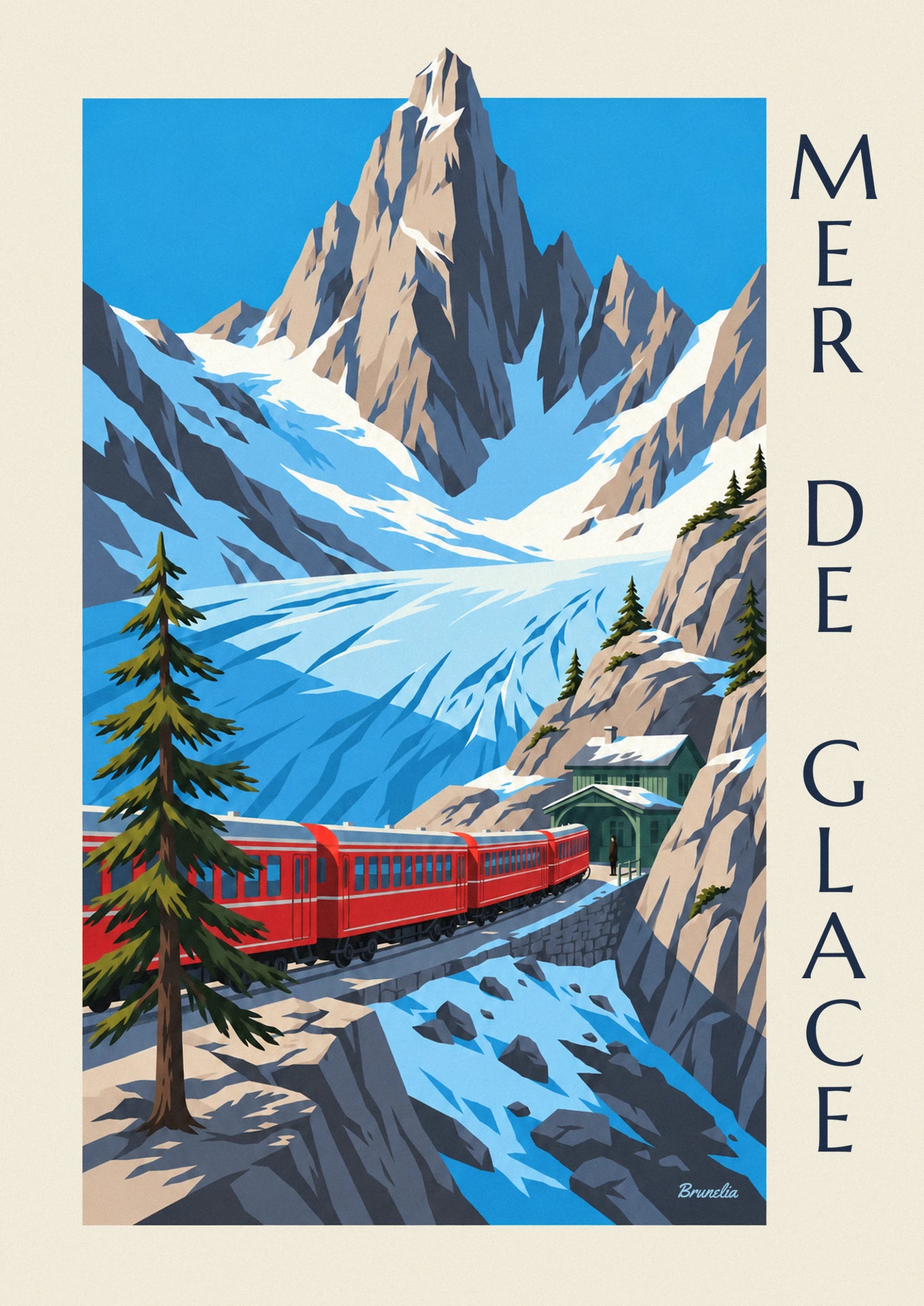 Aiguille rocheuse beige et grise dressée contre le ciel bleu, neige au pied