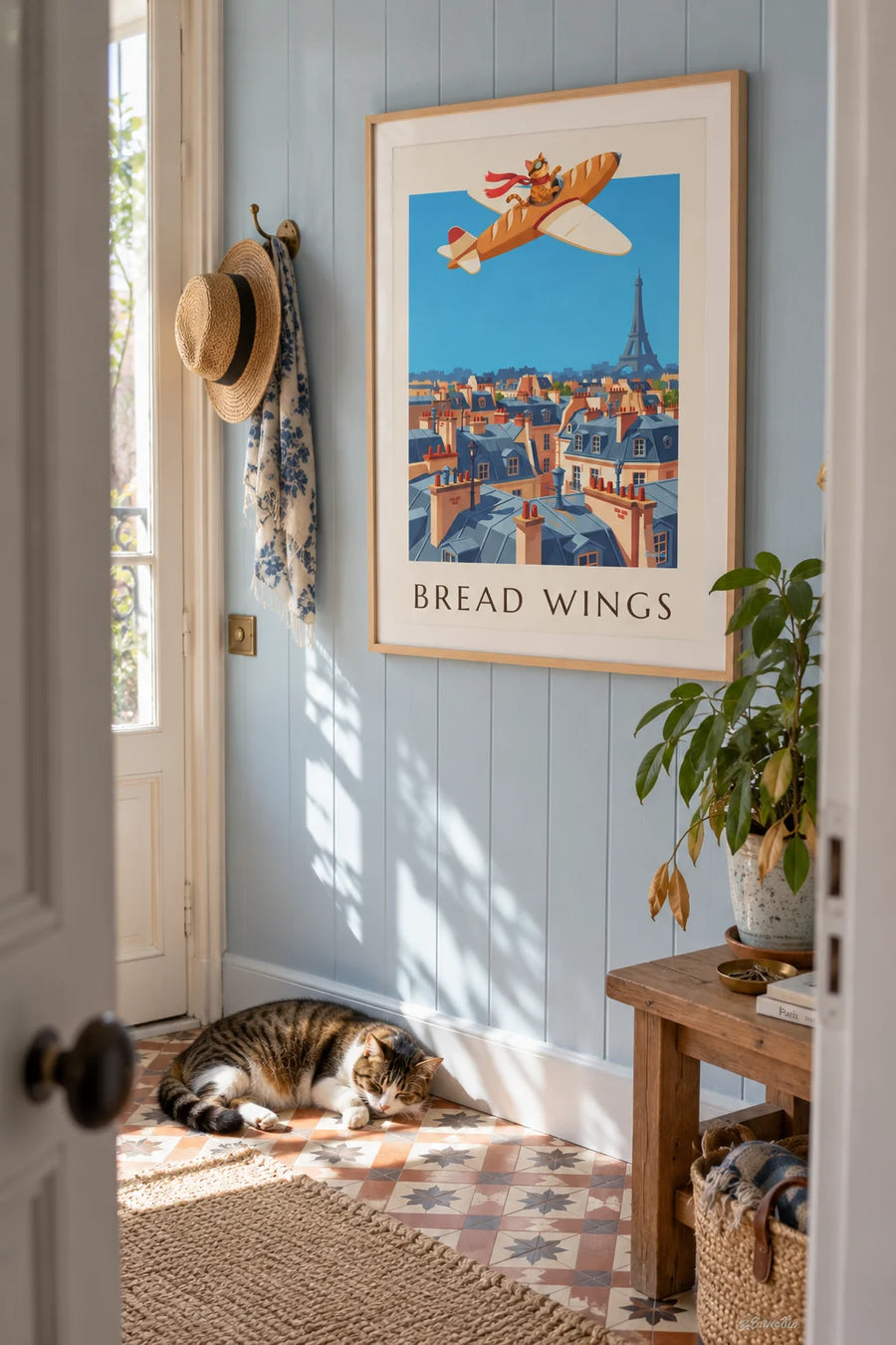 Poster of a cat pilot in a baguette-shaped plane: framed on the wall