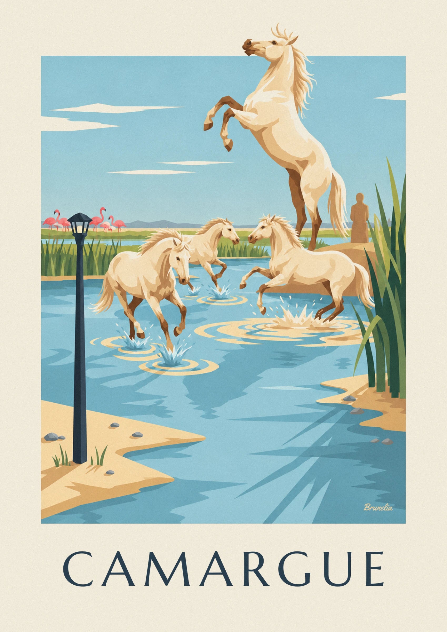 A white horse rearing against the blue sky, 2 other horses and a figure at the water's edge