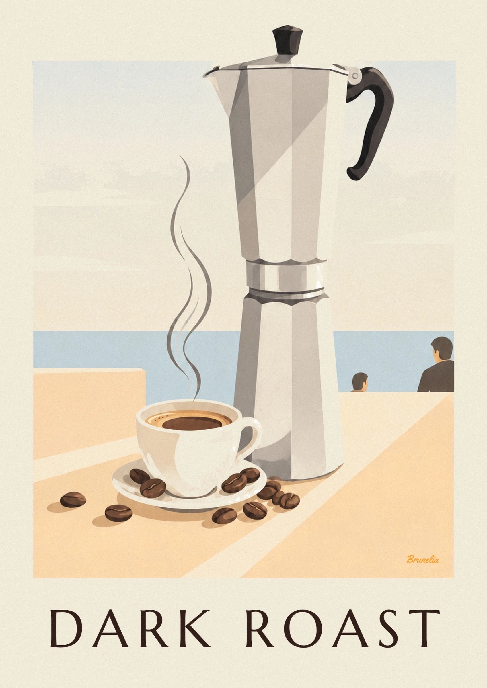 Una taza blanca de espresso humeante sobre su platillo, rodeada de granos de café