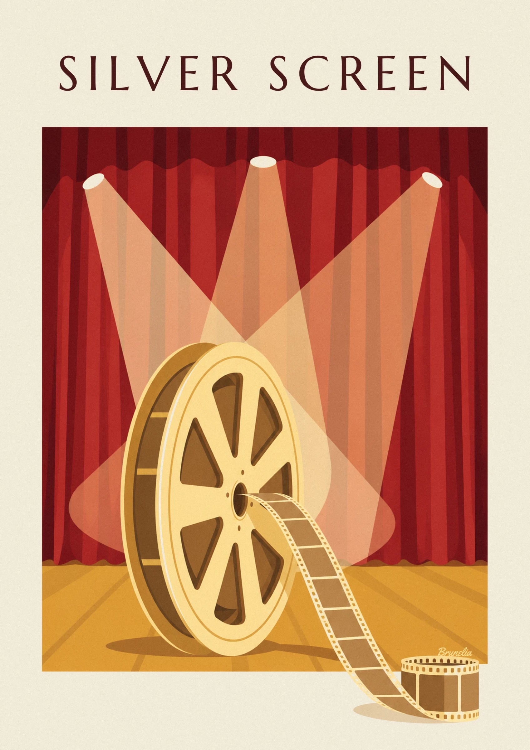 The golden reel with 8 spokes and its film unrolling across the stage
