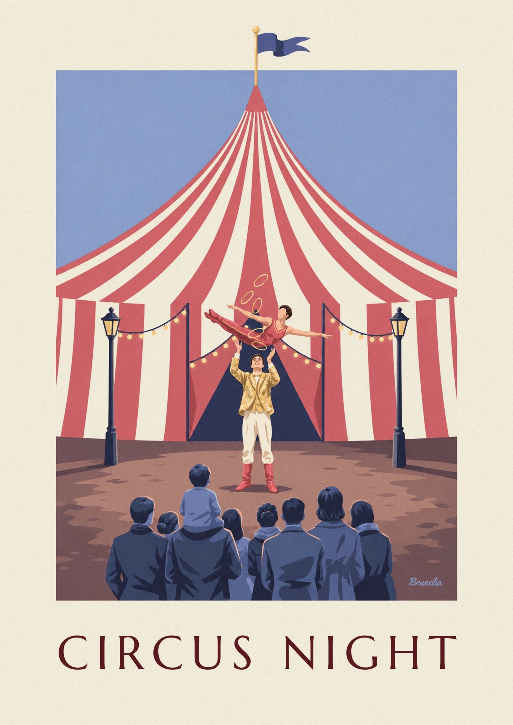 A dark street lamp and a string of lights in front of the striped canvas of the big top