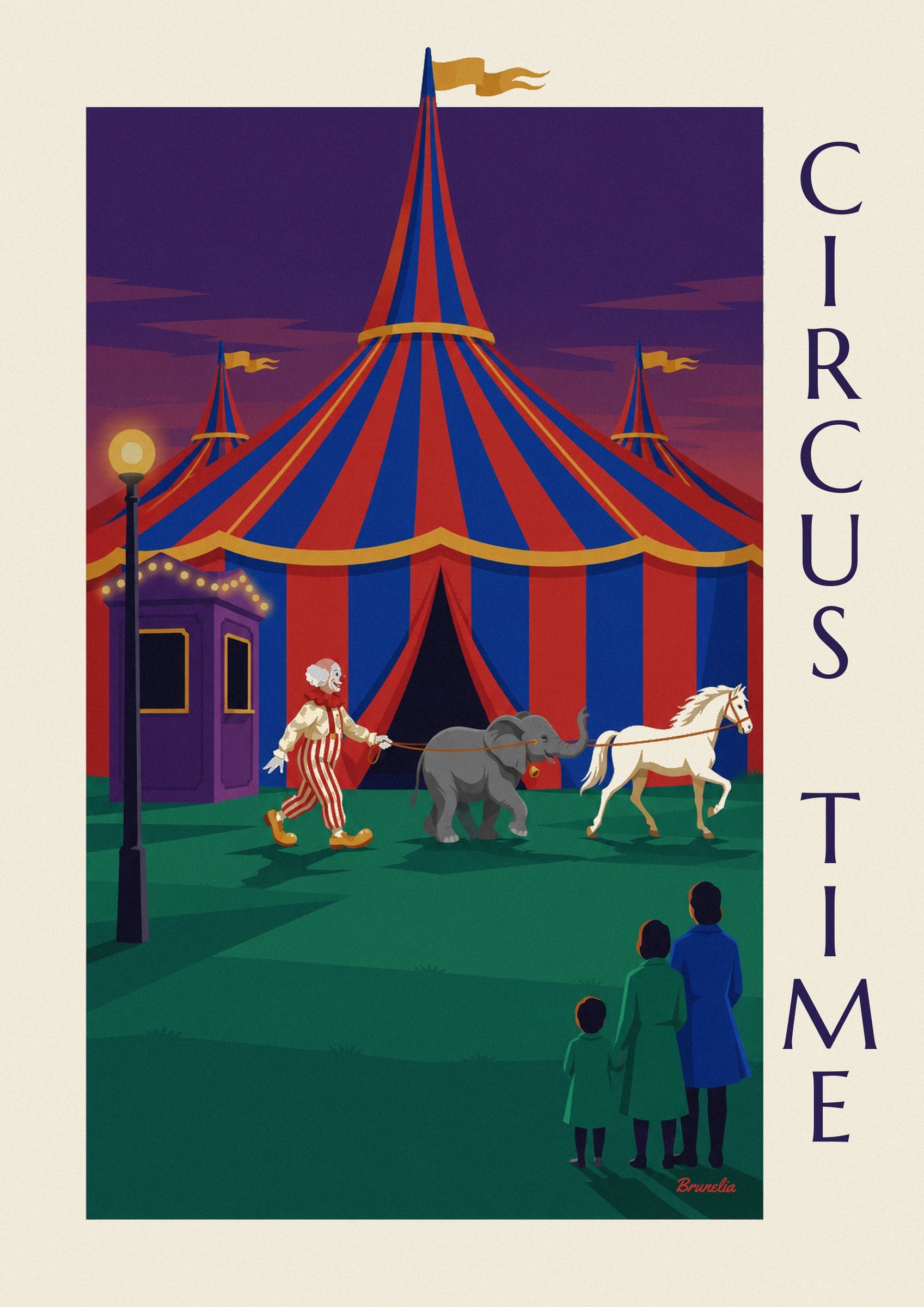 The clown in red and white striped dungarees leading the grey baby elephant in front of the big top