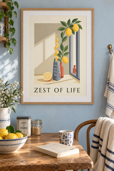 Affiche zeste de citron et râpe de cuisine près d'une fenêtre : encadrée au mur
