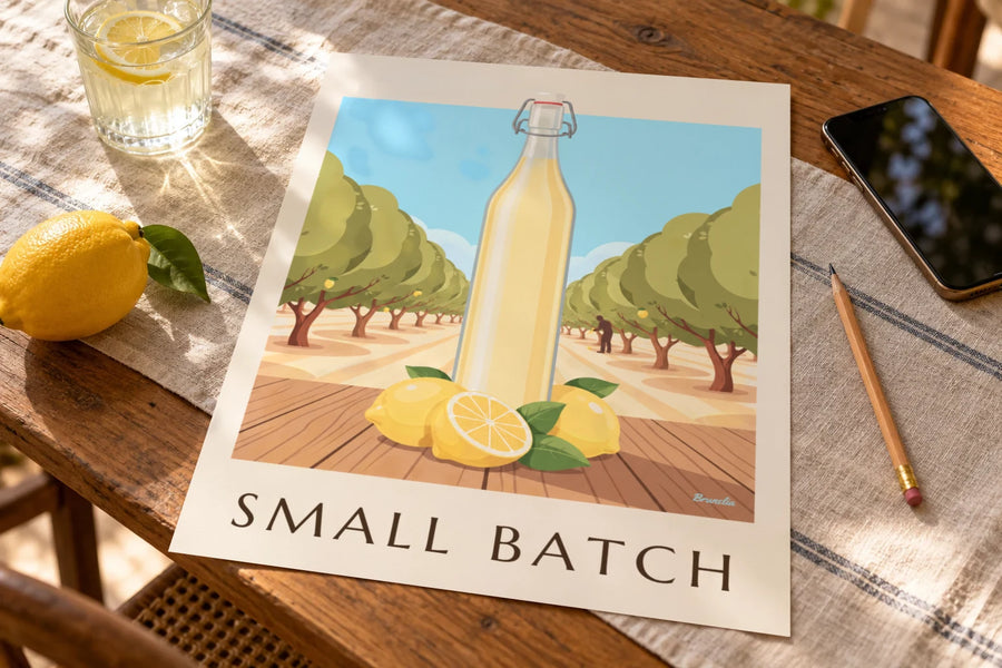 Póster de botella de limonada artesanal y limones: sobre una mesa