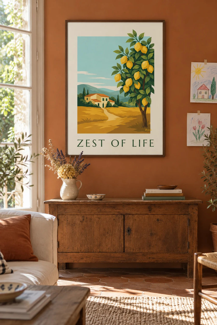 Poster of ripe lemons and green foliage on the branch: framed on the wall