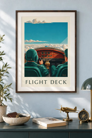 Affiche cadrans et instruments d'un cockpit d'avion à hélices : encadrée au mur
