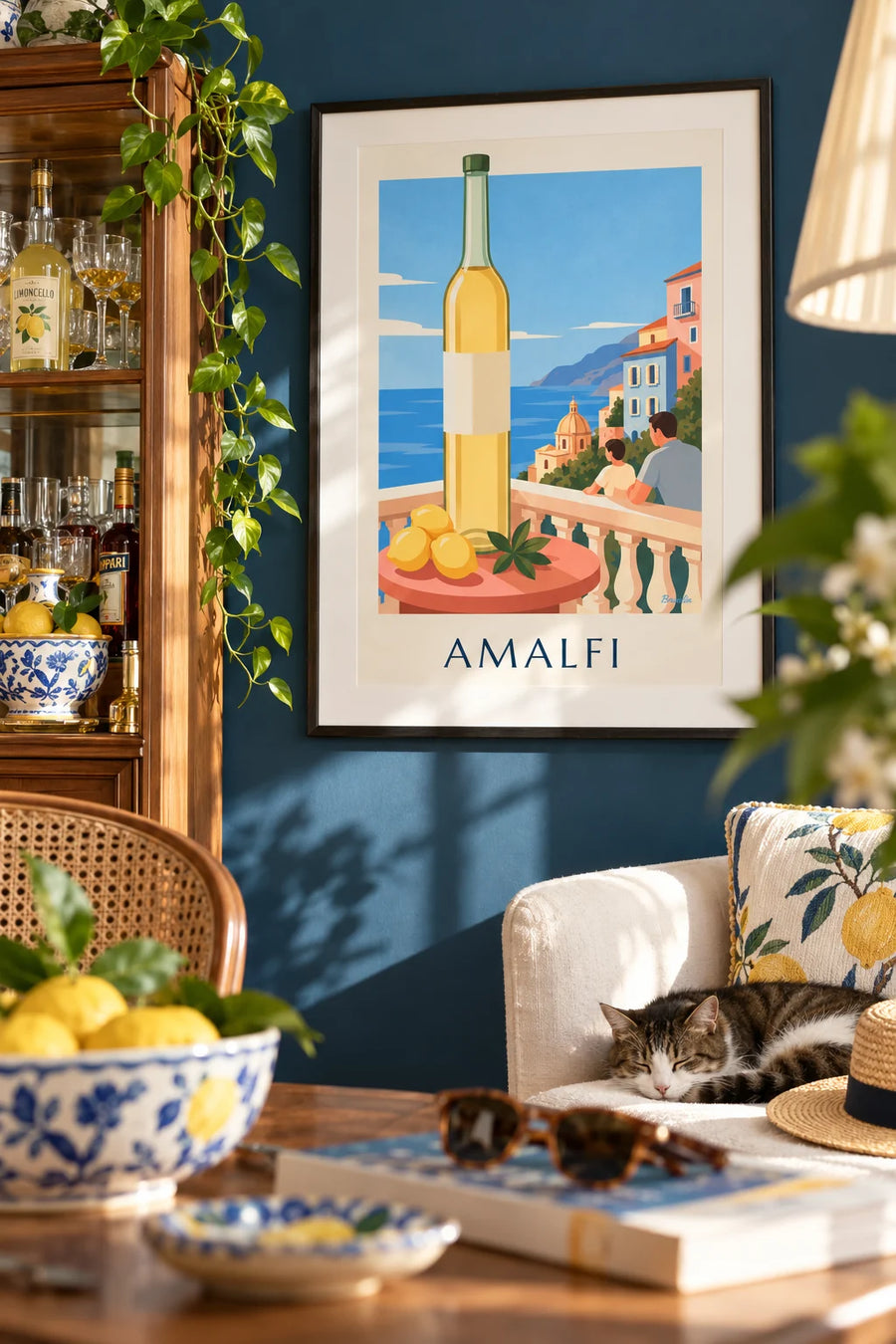 Limoncello bottle and lemons on the Amalfi Coast poster: framed on the wall