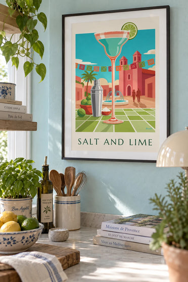Poster of a margarita cocktail on a Mexican cantina table: framed on the wall
