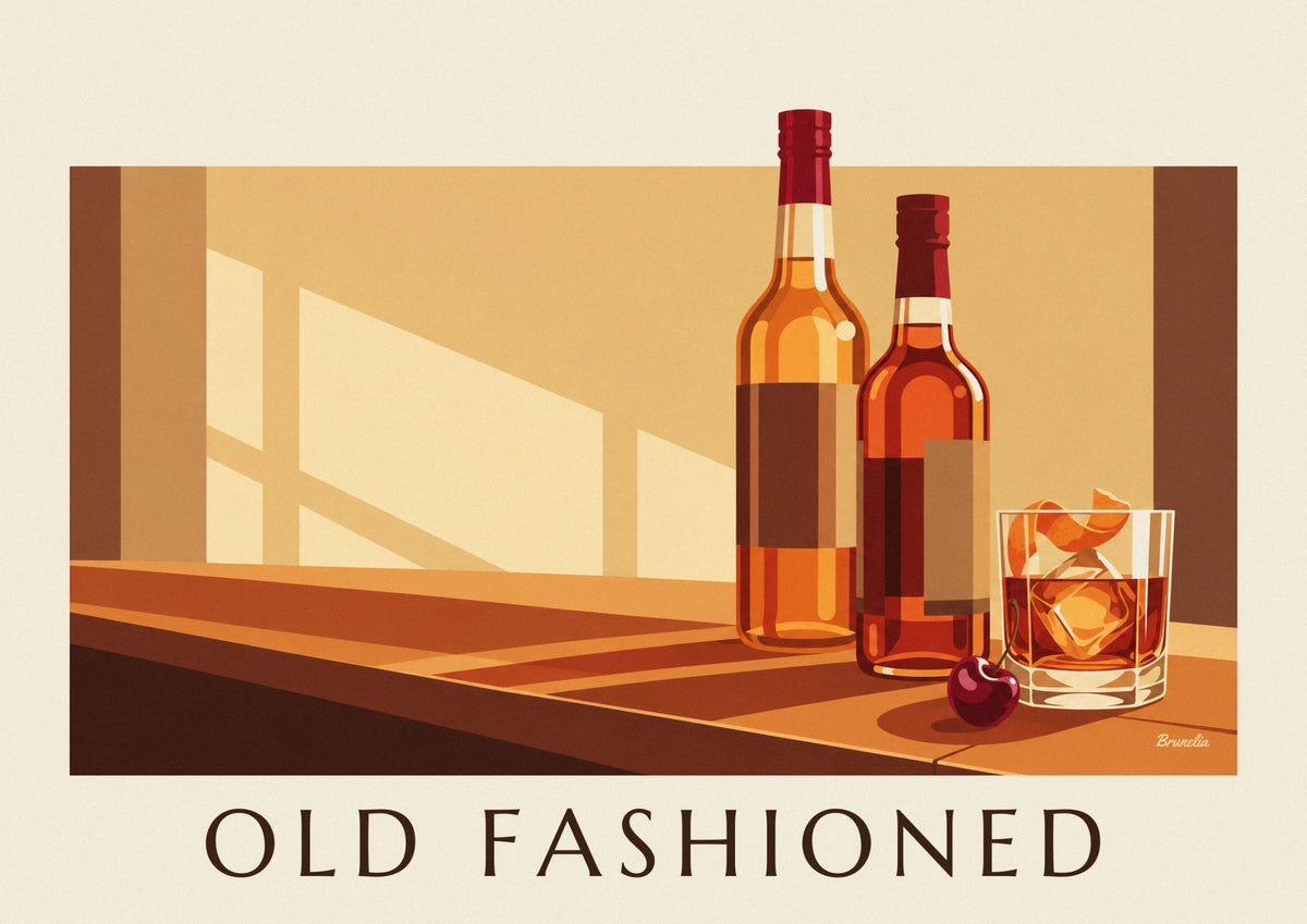 Affiche cocktail Old Fashioned en verre de cristal sur un bar en bois