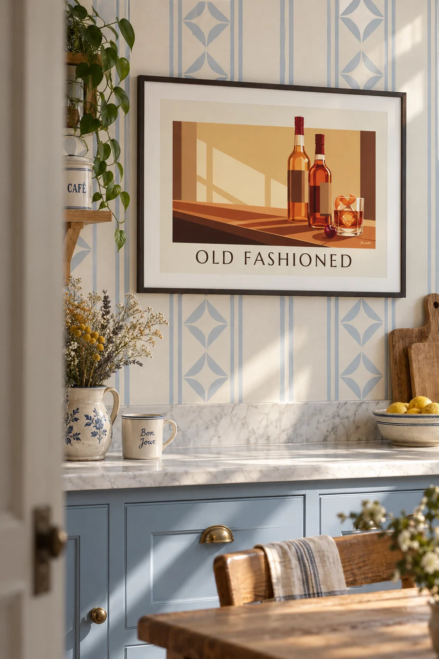Poster of an Old Fashioned cocktail in a crystal glass on a wooden bar: framed on a wall