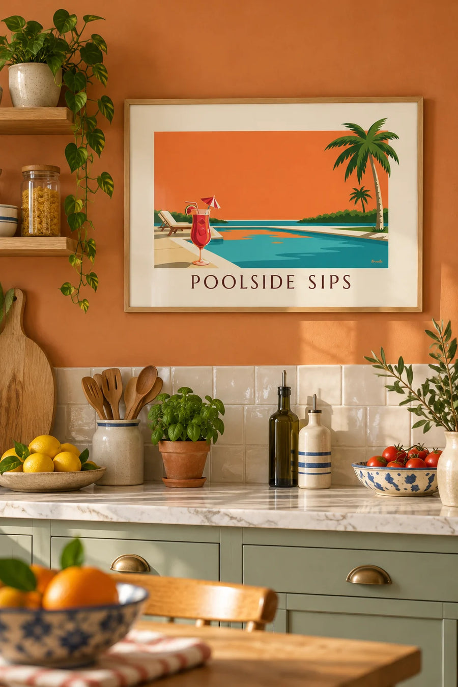 Póster de daiquiri de fresa junto a la piscina al anochecer: enmarcado en la pared