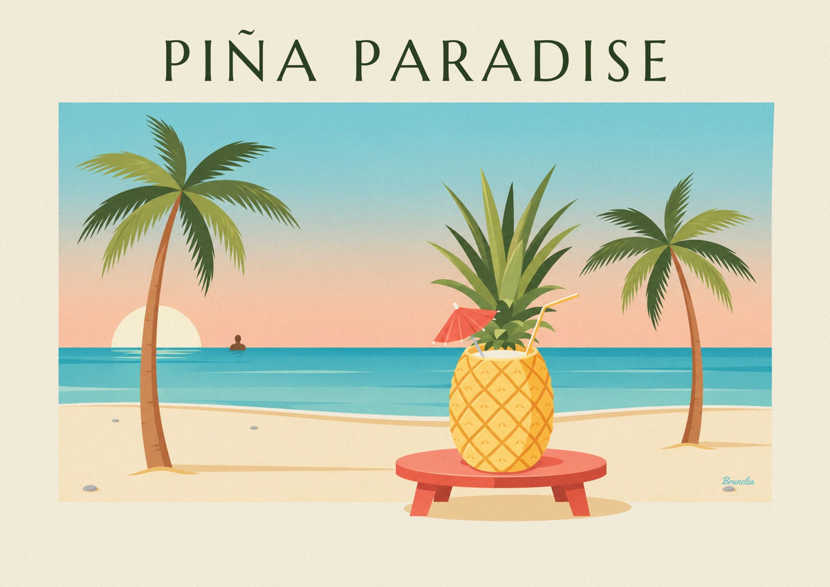 Affiche cocktail piña colada servi dans un ananas sur la plage