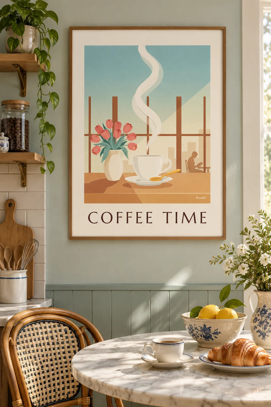 Póster de una taza de café humeante y flores junto a la ventana: lámina enmarcada en la pared